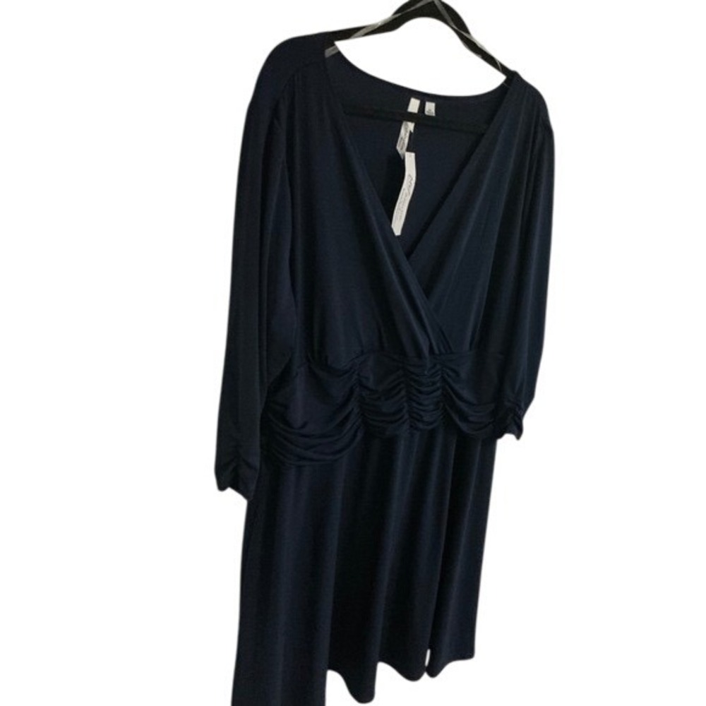 NY Collection Navy Blue V‎ Neck Ruched Waist Midi Dress Size 3X